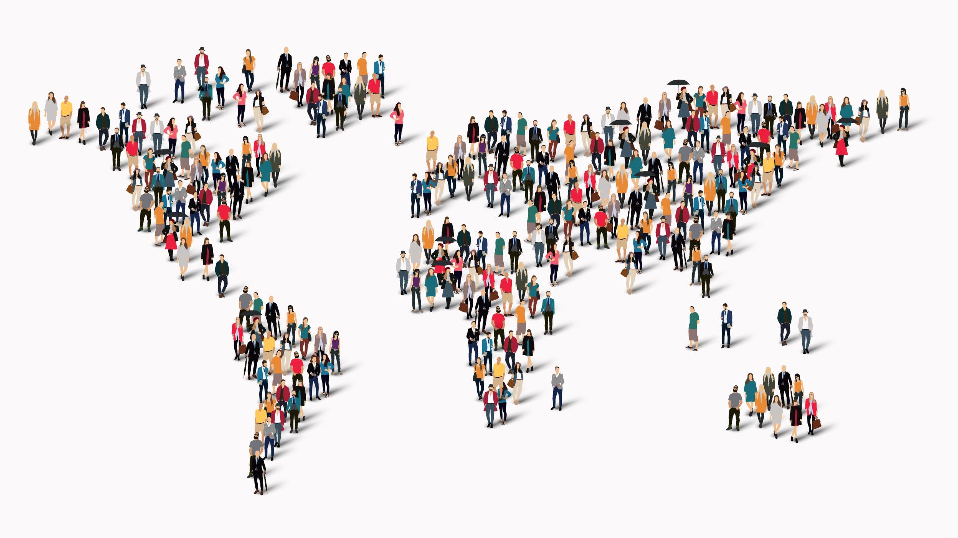 Illustration of hundreds of diverse people arranged to form a map of the world
